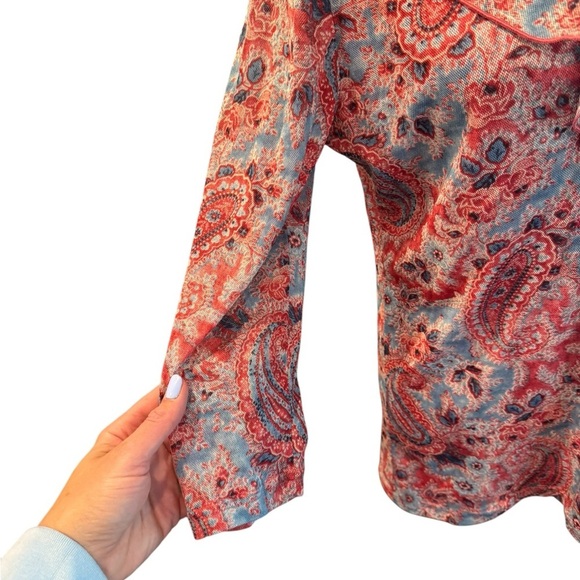 CHAPS Denim Paisley Ruffle XL Boho Lace-Up Blouse Romantic Western Festival G15 - Picture 3 of 10